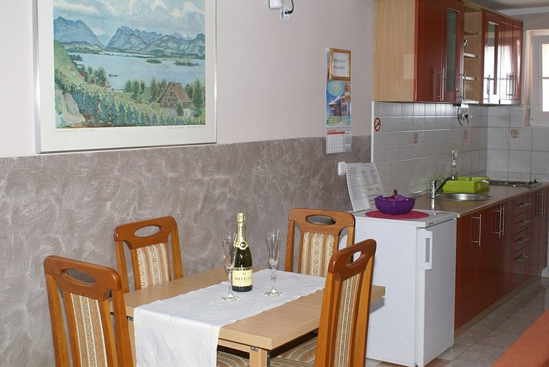 Kuhinja i trpezarijski sto u apartmanu 3